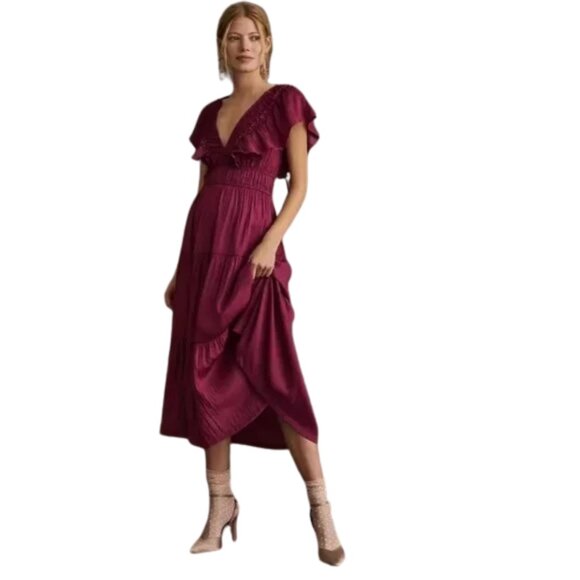 Anthropologie Dresses & Skirts - Anthropologie Berry Ruffle Tiered Satin Midi Dress